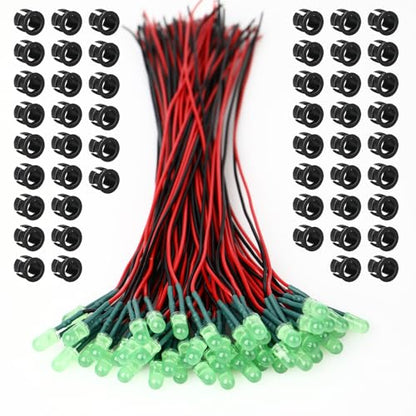 5mm Green Pre-Wired LEDs, 50PCS 3-12V with Resistor & Mounting Rings - color: Green / 50 Pcs