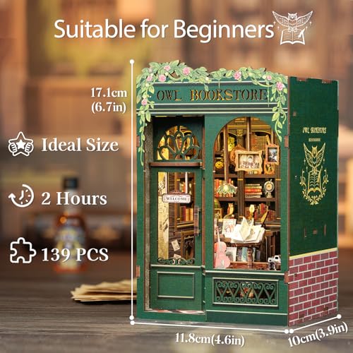 Owl Bookstore Book Nook Kit - 3D Wooden Puzzles with LED - color: Owl Bookstore