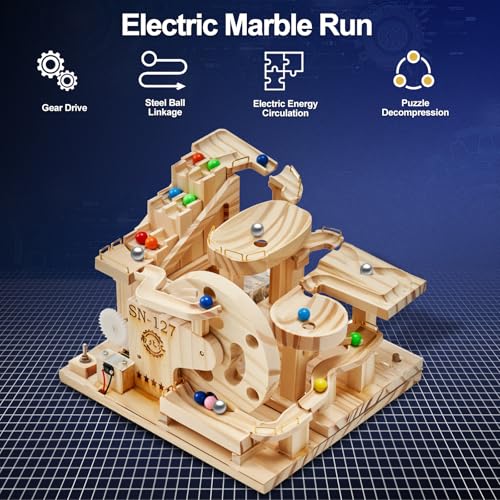 Losbenco Wooden Marble Run Electric Motorized, Electric Model Kit Marble Run Brain Teaser Wooden Puzzles Building Toy, 3D Wooden Puzzles for Adults and Kids to Build