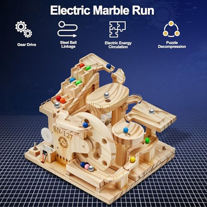 Losbenco Wooden Marble Run Electric Motorized, Electric Model Kit Marble Run Brain Teaser Wooden Puzzles Building Toy, 3D Wooden Puzzles for Adults and Kids to Build