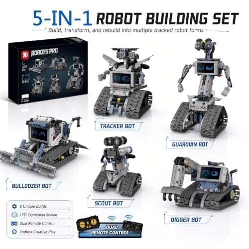 5-in-1 STEM Building Blocks Kit - 2.4GHz RC and Phone App Controls. Programmable Robot Toy. Gifts for Kid Boys Girls Ages 5 6 7 8 9 10 11 12 13