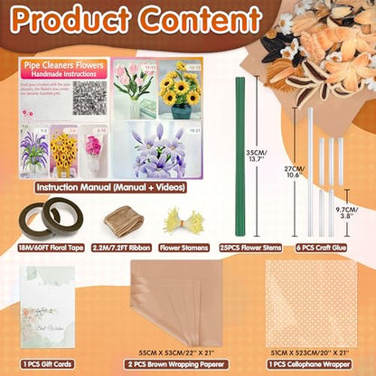 LINAYE 500 PCS Pipe Cleaners Craft, 6 Colors Pipe Cleaners Flowers Kit, Chenille Stems for Crafts with Instruction Wrapping Paper, Flower Stamens, Stems Art and Craft Supplies Brown - color: Brown