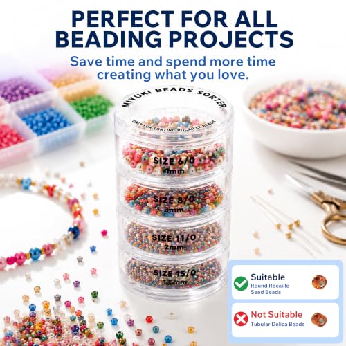 MIYUKI Beads Sorter for Round Rocaille Seed Beads, 4-Level Acrylic Bead Sifter with Size Labels 6/0 8/0 11/0 15/0, Seed Bead Organizer Tool for Jewelry Making, Bracelet Making & Craft Projects