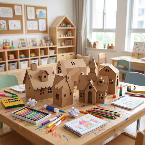 NUOBESTY 6 Pcs Cardboard Houses for Kids Crafts, Blank 3D Puzzle Village Kit to Paint and Color, DIY Paper Building Project for Indoor Art Activity