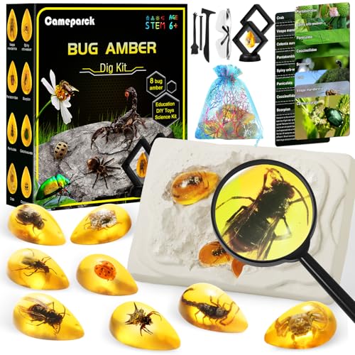 Bigger Amber Dig Kit-8 Artificial Insect Resin, Excavate Unique Insect Specimens, STEM Excavation Bugs Toys Science Kit for Kids,Educational Gifts Party Favors for Girls & Boys Age 6-8-12-14