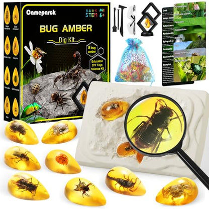 Bigger Amber Dig Kit-8 Artificial Insect Resin, Excavate Unique Insect Specimens, STEM Excavation Bugs Toys Science Kit for Kids,Educational Gifts Party Favors for Girls & Boys Age 6-8-12-14