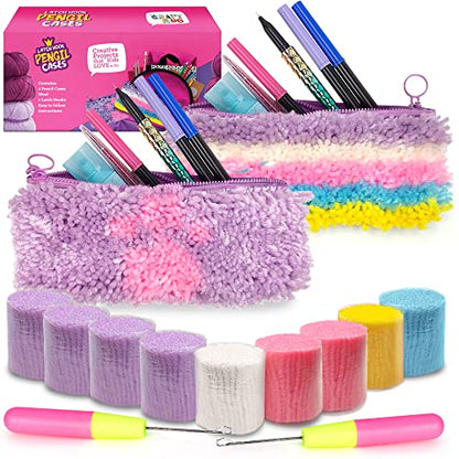CRAFTILOO Latch Hook Kit for Kids Ages 8-12 - 2 DIY Rug Pencil Cases - color: Latch Pencil Cases Stripes