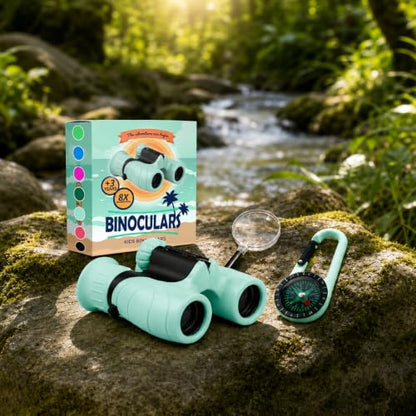 Binoculars for Kids – Perfect Toy for Little Boys and Girls – Extensive Set Incl. Magnifying Glass & Compass – Powerful Magnification 8X21 – 3 to 12 Year Old Kids for Toddler - color: Mint Green