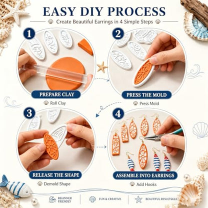 8Pcs Ocean Clay Earring Molds, Fish Flower Wave Polymer Clay Tools. Ocean Fish, Wave & Floral Patterns for Detailed Handmade Earrings and Coastal Clay Jewelry Designs - color: Surfboard