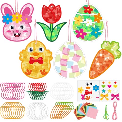 Feifeiya 24 Pack Easter Suncatcher Craft Kit Easter Window Art Kit Bunny Carrot Egg Crafts Window DIY Tissue Paper Suncatcher Decoration Ornament for Classroom Art Party Favor Supplies - style: Easter