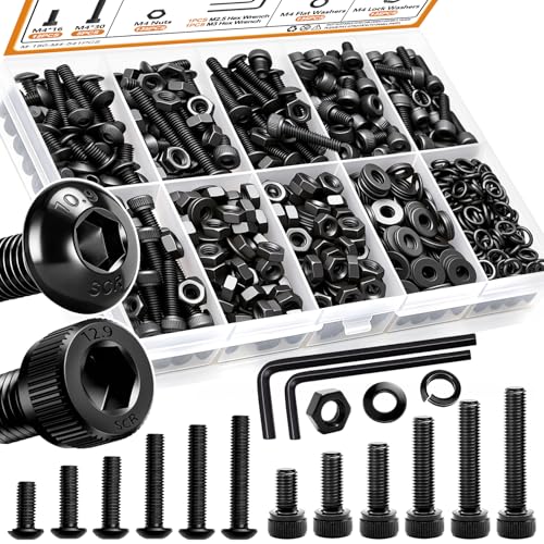 mankk 541PCS M4 Metric Screws Assortment Kit M4x6/12/16/20/25/30mm Hex Socket Button & Cap Head Screws Bolts Kit 12.9 & 10.9 Grade Black Alloy Steel Machine Screw - size: M4, style: Button&Hex Socket Cap