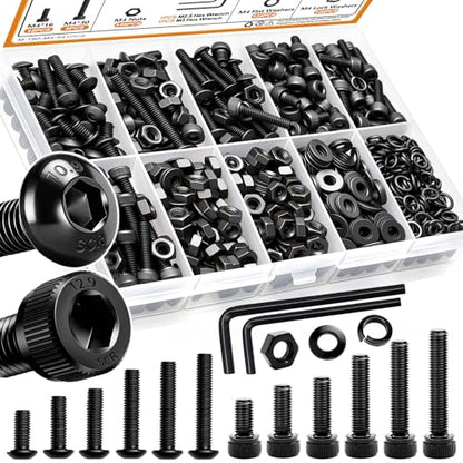 mankk 541PCS M4 Metric Screws Assortment Kit M4x6/12/16/20/25/30mm Hex Socket Button & Cap Head Screws Bolts Kit 12.9 & 10.9 Grade Black Alloy Steel Machine Screw - size: M4, style: Button&Hex Socket Cap