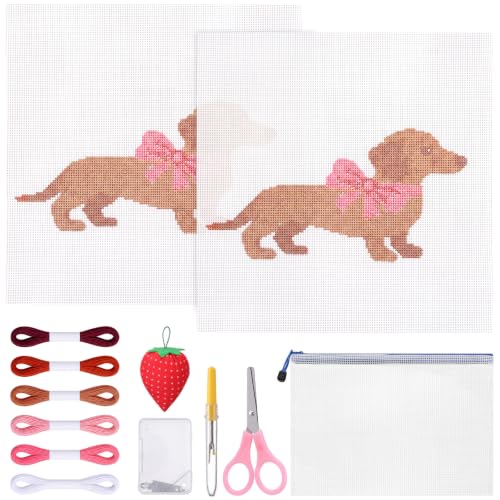 XunYee 22 Pcs Dachshund 18 Mesh Needlepoint Canvas Kit for Beginner Adults - style: Dachshund with A Bow