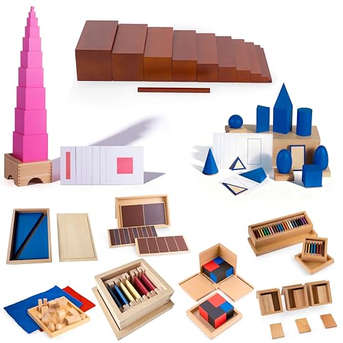Advanced Montessori Sensorial Materials Set 1 with Pink Tower & Brown Stairs, Premium Solid Beechwood, 14 Sensory Toys for Kids , Preschool Homeschool Classroom Supplies(Sensorial Series Kit 1) - color: Sensorial Series Kit 1