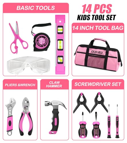 DOWELL 14 Pieces Kids Real Tools Pink Tool Set，Tool Kit with Storage Bag for Boys, Girls, Children DIY Building and Woodworking, Age 8+ - size: 14 Pcs-Pink