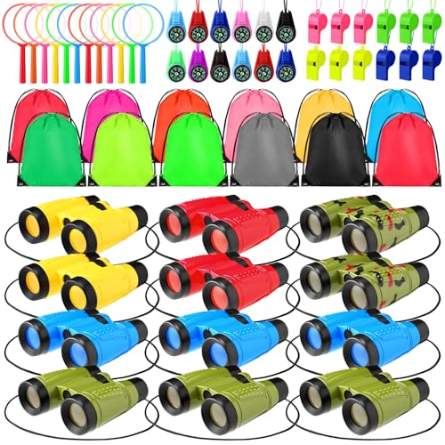 Foilswirl 12 Set Binocular Compass Magnifying Glass Set Christmas Birthday Gift Small Telescope Binocular with Whistle Bag for Outdoor Exploring Stocking Stuffer(Colorful,Camouflage)