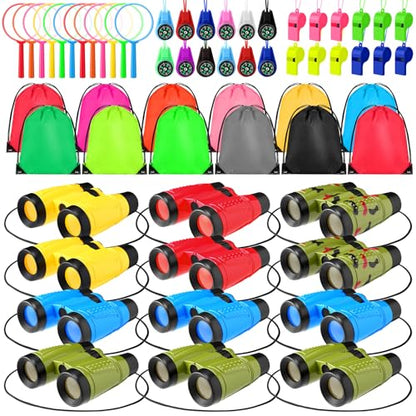 Foilswirl 12 Set Binocular Compass Magnifying Glass Set Christmas Birthday Gift Small Telescope Binocular with Whistle Bag for Outdoor Exploring Stocking Stuffer(Colorful,Camouflage)