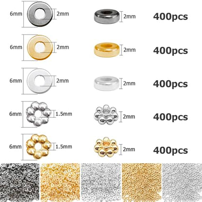 6mm Flat Round Spacer Beads, Clay Beads for Bracelets Making Kit, Heishi Polymer Flat Disc Spacer Beads for Jewelry Making, Clay Beads for Jewelry Making Gold Beads Silver (2000pcs) - color: 2000pcs