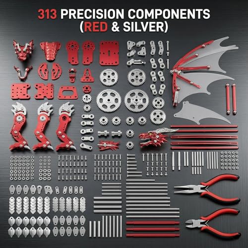 3D Model Kits for Adults,Metal Dragon Puzzle Building Set,Collectible Mechanical Engineering Crafts for Home Office Decoration & Gift（Red）