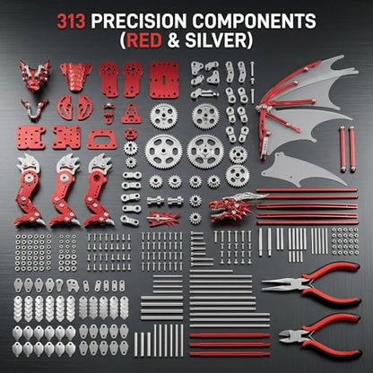 3D Model Kits for Adults,Metal Dragon Puzzle Building Set,Collectible Mechanical Engineering Crafts for Home Office Decoration & Gift（Red）