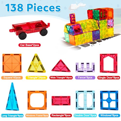 Ryoichi 138PCS Magnetic Tiles Set with 2 Cars for Kids Ages 3-9+ Years - size: 138PCS