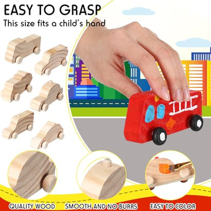Lenwen 6 Pcs Large Unfinished Wooden Car to Paint 4'' Wood DIY Car Toys and 12 Color Acrylic Paint Set for Student Easy Woodworking Set Family Activities Arts and Crafts Kit