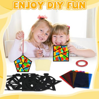 QOUBAI 32 Sets Back to School Geometric Recognition Suncatchers Craft DIY Window Stained Glass Effect Star Paper Crafts Home School Classroom Decor Kid Birthday Gift Creative Art Project Activity Game - style: Geometry