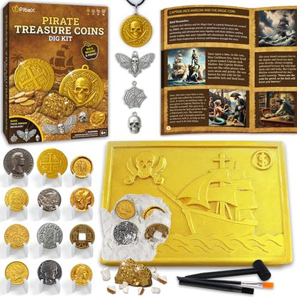PIBEX Pirate Treasure Coins Dig Kit, 16+ Ancient Metal Coins & Skull Charms