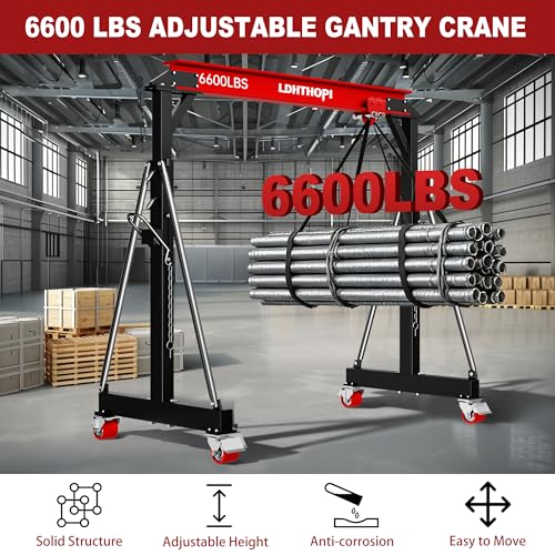 LDHTHOPI 3 Ton Gantry Crane, 6600LBS Adjustable Height 8.53 to 12.47ft with Triangle Base, Portable I-Beam Hoist for Factory, Warehouse, Auto Repair & Construction,Red - color: Red