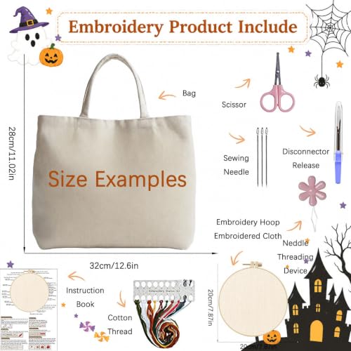 ARTopet Embroidery Tote Bag Kit for Beginners Halloween Canvas Cross Stitch Handbag with Hoops Needles Threads Reusable Grocery Bag for Women-Ghost Pumpkin - color: Ghost Pumpkin