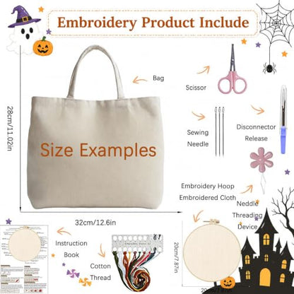 ARTopet Embroidery Tote Bag Kit for Beginners Halloween Canvas Cross Stitch Handbag with Hoops Needles Threads Reusable Grocery Bag for Women-Ghost Pumpkin - color: Ghost Pumpkin