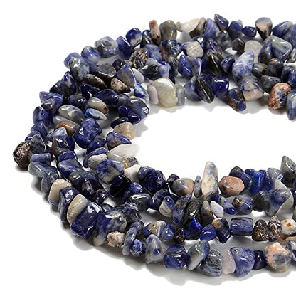 7-8mm Natural Blue Sodalite Gemstone Chips Healing Gravel Bracelets Necklace Kit Irregular Tumble Stone Beads DIY Crafts Design Jewelry Making 32" - color: Blue Sodalite