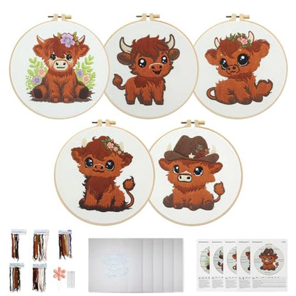 Kuabiz 5 Sets Highland Cow Embroidery Kits for Beginners Cross Stitch Kit for Adults Highland Cow Pattern Embroidery Starter Kit Embroiderys Hoop Needlepoint Kits with Instruction Needles Threads - style: Highland Cow