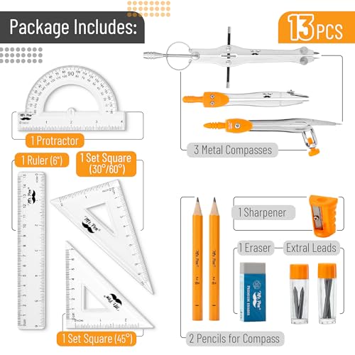 Mr. Pen- Geometry Set, 13 pcs, 3 Metal Compasses, Protractor, 6" Ruler | 45° & 30°/60° Set Squares, Pencils, Lead Refills, Sharpener & Eraser for Math, Drafting & Classroom Use - color: Orange