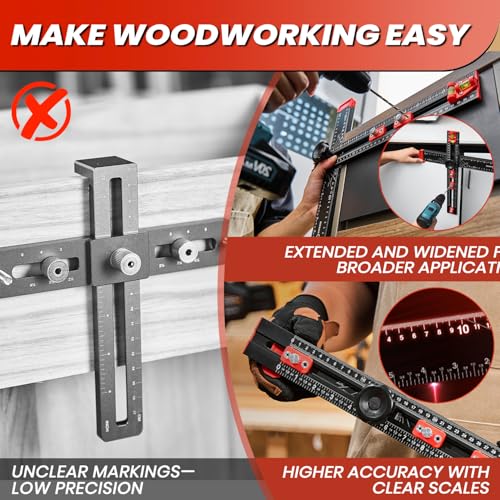 Saker 4-in-1 Drilling Positioning Ruler, Adjustable 13.78in Multifunctional T Square Ruler, Cabinet Hardware Jig, Marking Gauge Tools for Woodworking, Cabinet Drawer Door Hole Drilling Template - size: 13.78inch