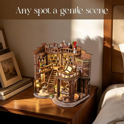 DIY Book Nook Kit, 3D Wooden Puzzle Miniature Booknook Bookend Bookshelf Decor with LED Light,Cherry Blossom Bookstore Bookshelf Insert Booknook, Book Nook Kits for Adults