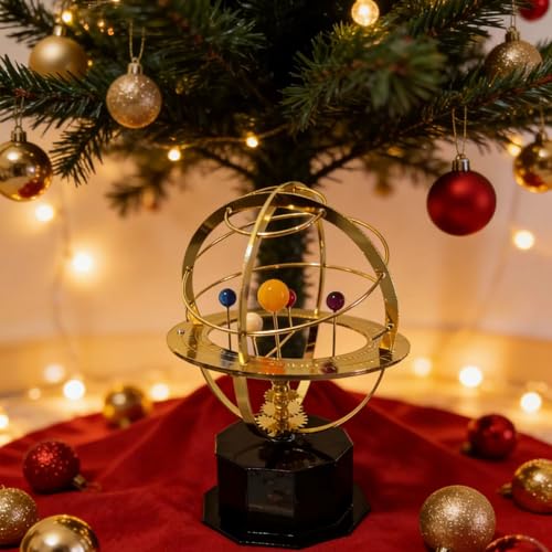 Rotating Solar System Metal Ornament - Handcrafted Orrery Model with 5 Planets, Educational Desk Decor for Astronomy Enthusiasts, Home & Office Decoration (Black)