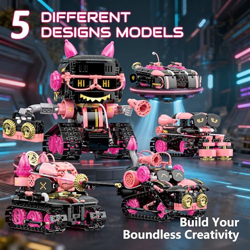 5in1 STEM Robot Building Kits for Kids 6-12, APP & Remote Control STEM Rock Robot Building Toys for Kid, Coding Interactive Tank Truck Vehicle Building Sets for Boys Girls Birthday Xmas Gift - color: Pink-black
