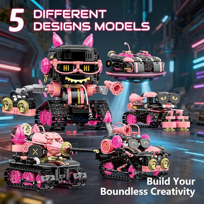 5in1 STEM Robot Building Kits for Kids 6-12, APP & Remote Control STEM Rock Robot Building Toys for Kid, Coding Interactive Tank Truck Vehicle Building Sets for Boys Girls Birthday Xmas Gift - color: Pink-black