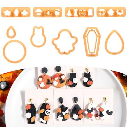 Puocaon Halloween Fall Polymer Clay Cutters - 10 Pcs Autumn Themed Cutters for Polymer Clay Jewelry Pumpkin Mushroom Ghost Earrings Making Kit for Polymeric Jewelry Design