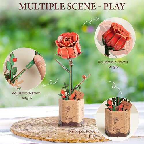 ROBOTIME Red Rose 3D Wooden Flower Puzzle, DIY Craft Kit for Adults, Everlasting Artificial Floral Bouquet, Creative Gift - color: Red Rose