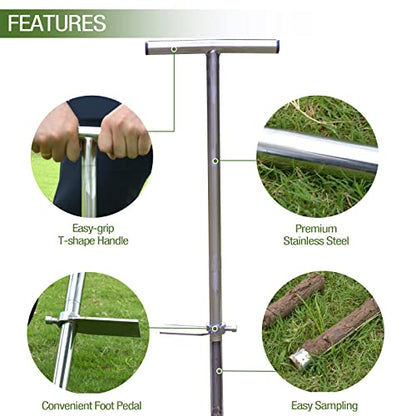 Soil Probe 35 Inch with 2 Bags, Straight Soil Sample Probe for Lawn House Plants, T-Handle Soil Sampler Probe Rod with Pedal, Stainless Steel Soil Test Kits Tool for Soil Sampling - size: 35" #Straight
