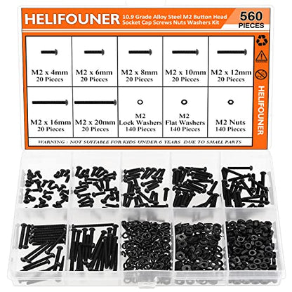 HELIFOUNER 560 Pieces M2 x 4mm /6mm /8mm /10mm /12mm /16mm /20mm, Button Head Socket Cap Screws Bolts Washers Nuts Kit, 10.9 Grade Alloy Steel, Full Threaded, Black - size: M2, style: Button Head