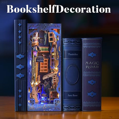 Magic Alley Book Nook Kit - DIY Miniature House Kit for Adults, Teens and Beginners, Magic Miniature Diorama with LED Light, 3D Wooden Puzzle Bookend Bookshelf Insert Decor, Gifts for Fantasy Lovers - style: Magic Alley
