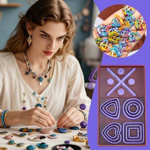 CRASPIRE Polymer Clay Button Kit Cover Button Kit Tool Purple ABS Plastic Ring Square Triangle Heart Cross Centered Symmetrical Snaps Box Toolkit Set for Sewing Fabric Clothes Crafts DIY Making