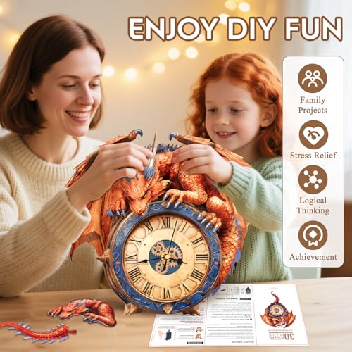 3D Puzzles for Adults Wooden Fire Dragon Puzzle Clock Adult Crafts - color: Fire Dragon Clock