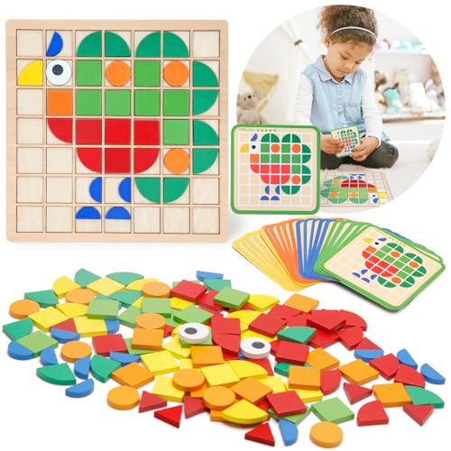 Montessori Tangram Educational, Geometric Shapes Puzzle Toys with 120Pcs Wooden Puzzle Blocks and 20Pcs Cards, Colorful Pattern Montessori Children's Educational Gifts for Kids Ages 3 and Up