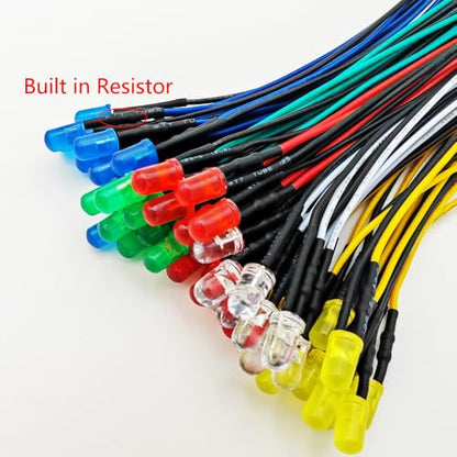 Gebildet 50pcs 5mm Red, Yellow, Green, Blue, White LED Lights, 12VDC Prewired 7.8 Inch V LED Light Diffused Lens - color: Mix color-5mm-12V