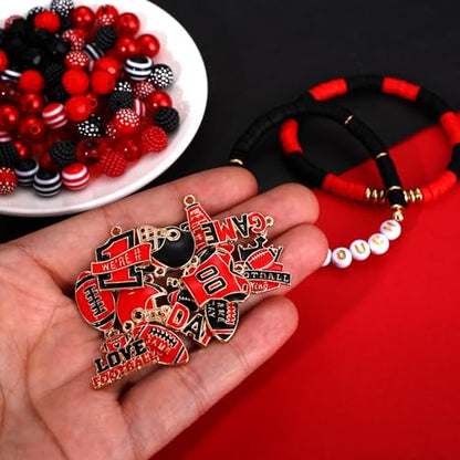2200PCS+ Game Day Beads Charms for Bracelet Making Polymer Clay Beads Crystal Pearl Letter Gold Spacer Beads Football Charms for Game Day Bracelet Necklace Making DIY Crafts - color: Red Black