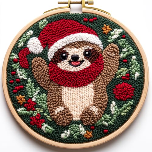 DIY Punch Needle Kits Cartoon Sloth with Christmas with Hoop 20x20cm-3 - color: 07-Christmas Sloth